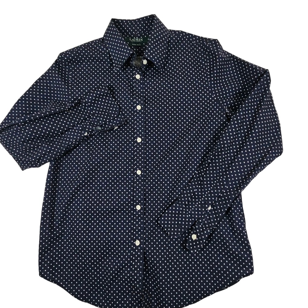 Lauren Ralph Lauren Womens Navy Blue Polka Dot Non Iron Cotton Shirt Medium